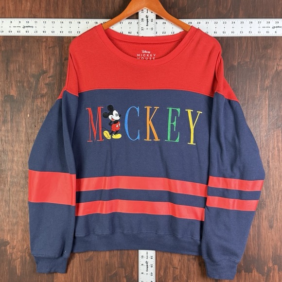 Disney Sweaters - Disney Mickey Mouse Classic Pose Striped Panel Crewneck Sweatshirt Y2K Adult XL